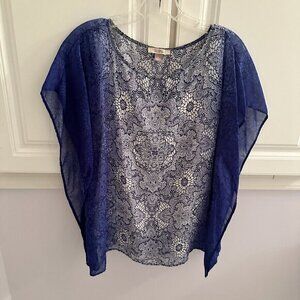Roz &‎ Ali Women's Blue White Paisley Print Sheer Kaftan Top Blouse Size S